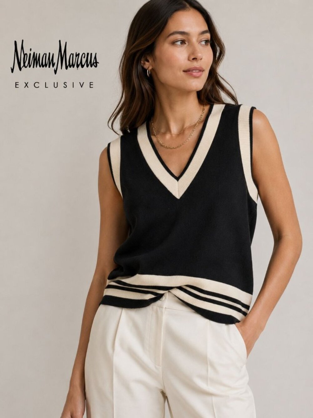 Neiman Marcus Womens Sleeveless Black Knit Sweater Vest W/Ivory Trim Small